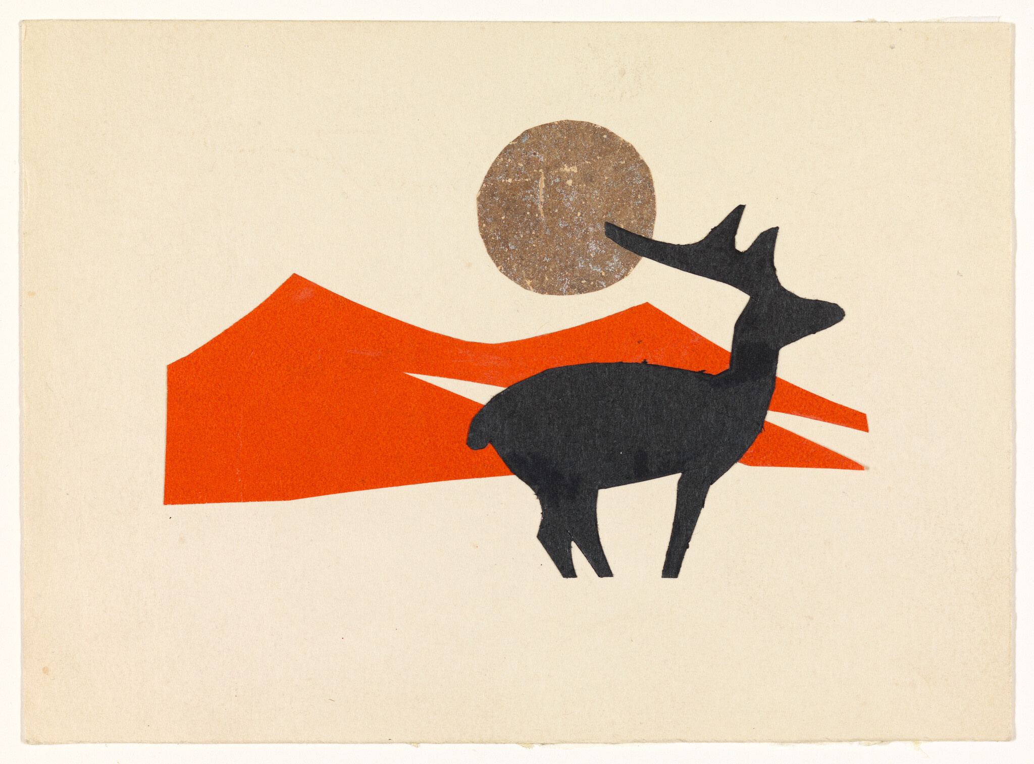 A black deer silhouette stands before orange-red mountains with a brown sun overhead.