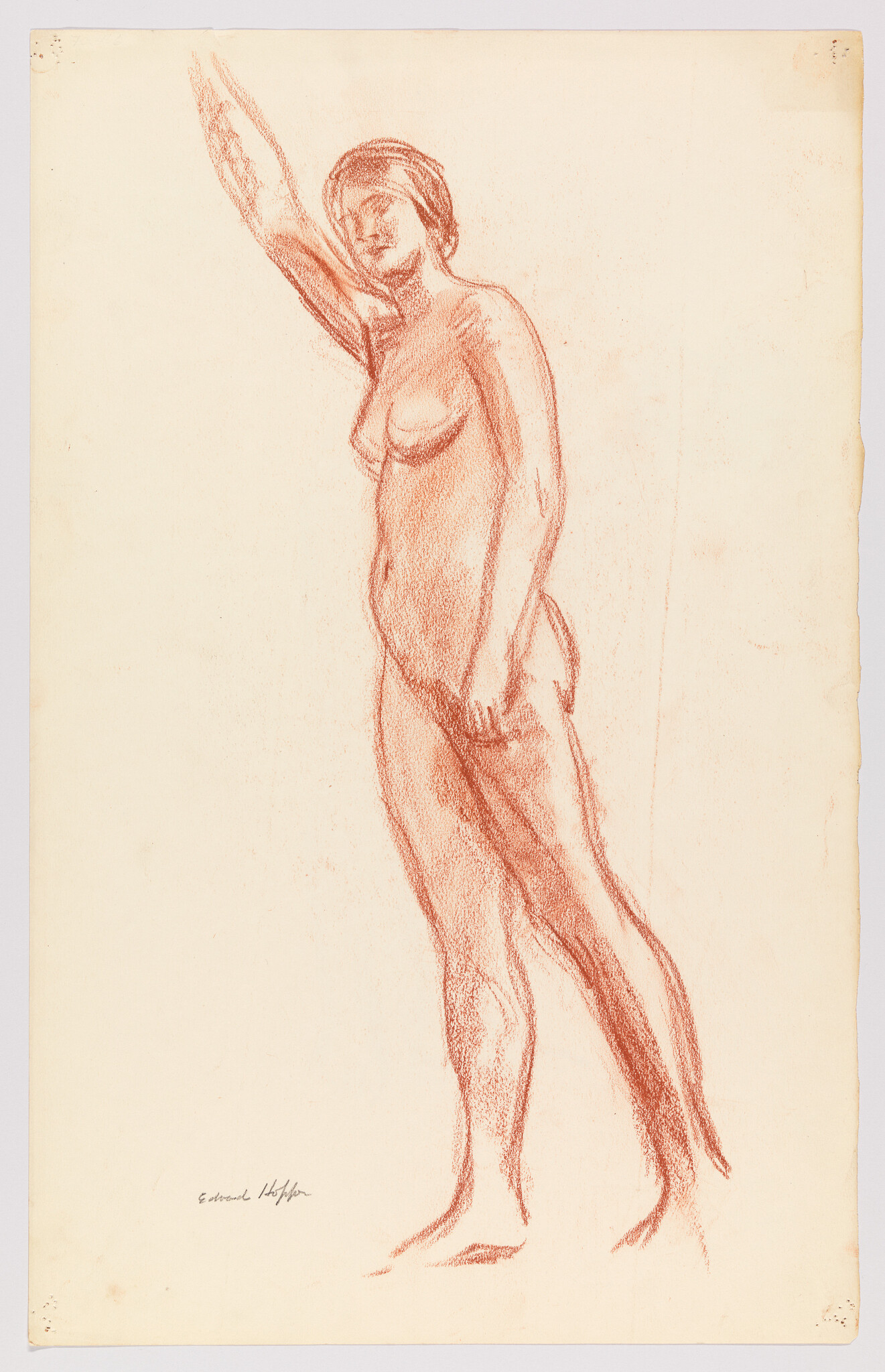 A red chalk sketch of a standing nude woman with her right arm raised.