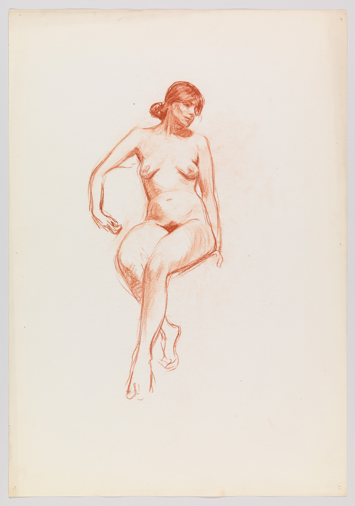 Nude woman drawn in red chalk sitting with legs crossed and looking downward.