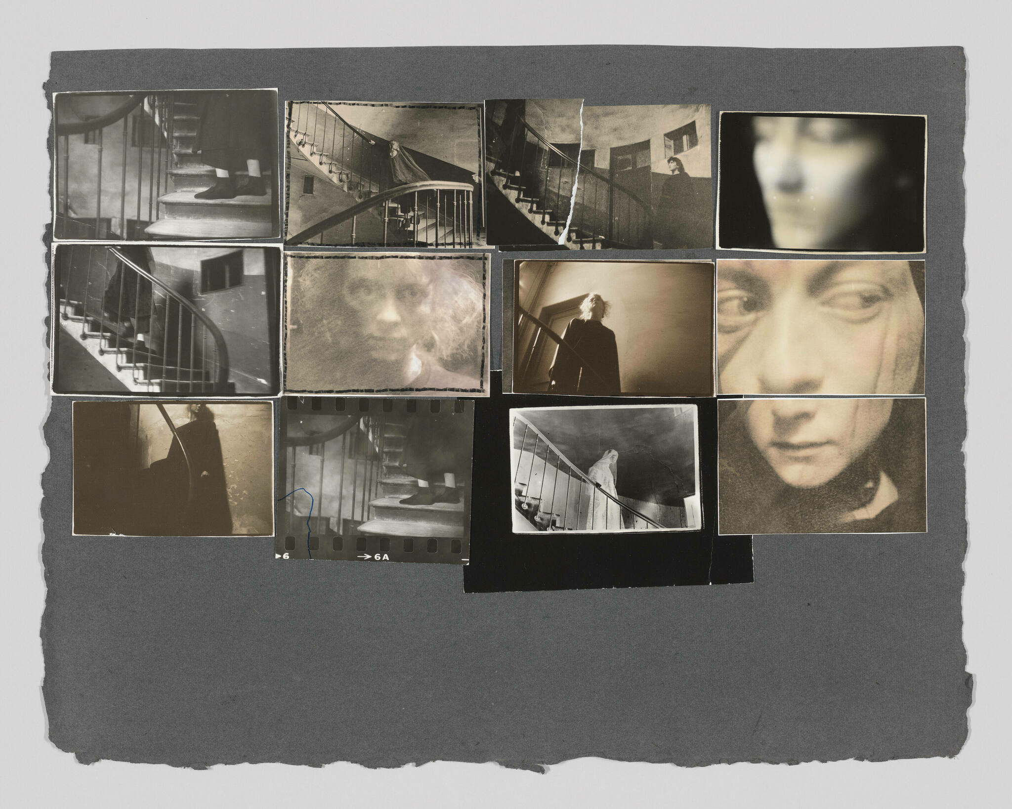 A collage of black and white photographs on a dark background, featuring various images of staircases, a person's silhouette, and close-up portraits of faces with contemplative expressions. Some photos are torn or have irregular edges, contributing to an overall moody and artistic composition.