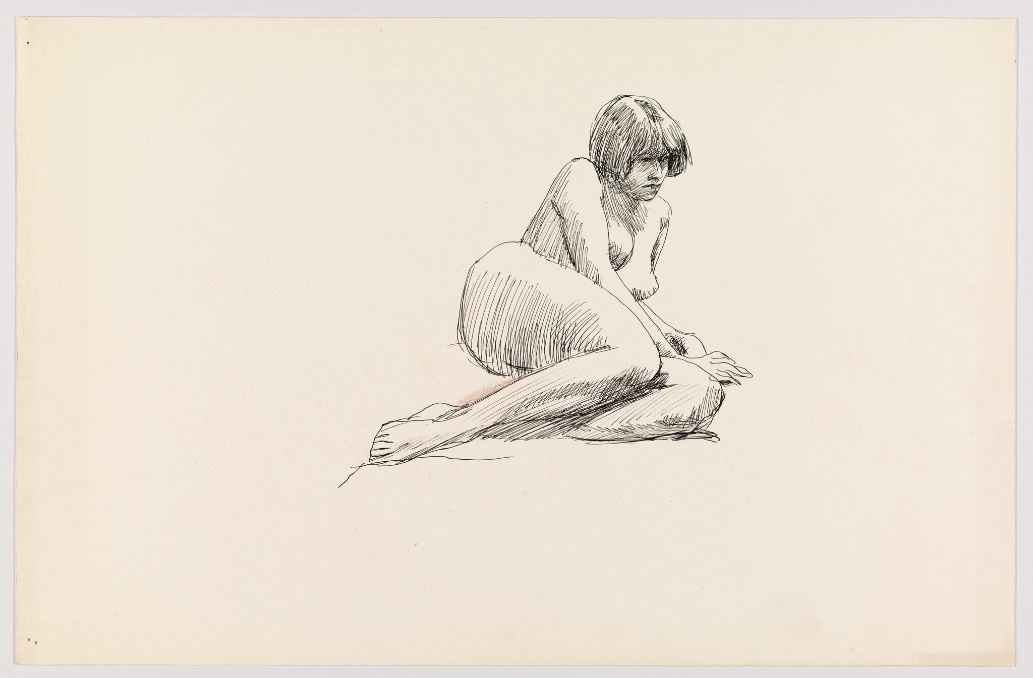A seated nude woman with short hair leaning forward, one hand resting on her knee.