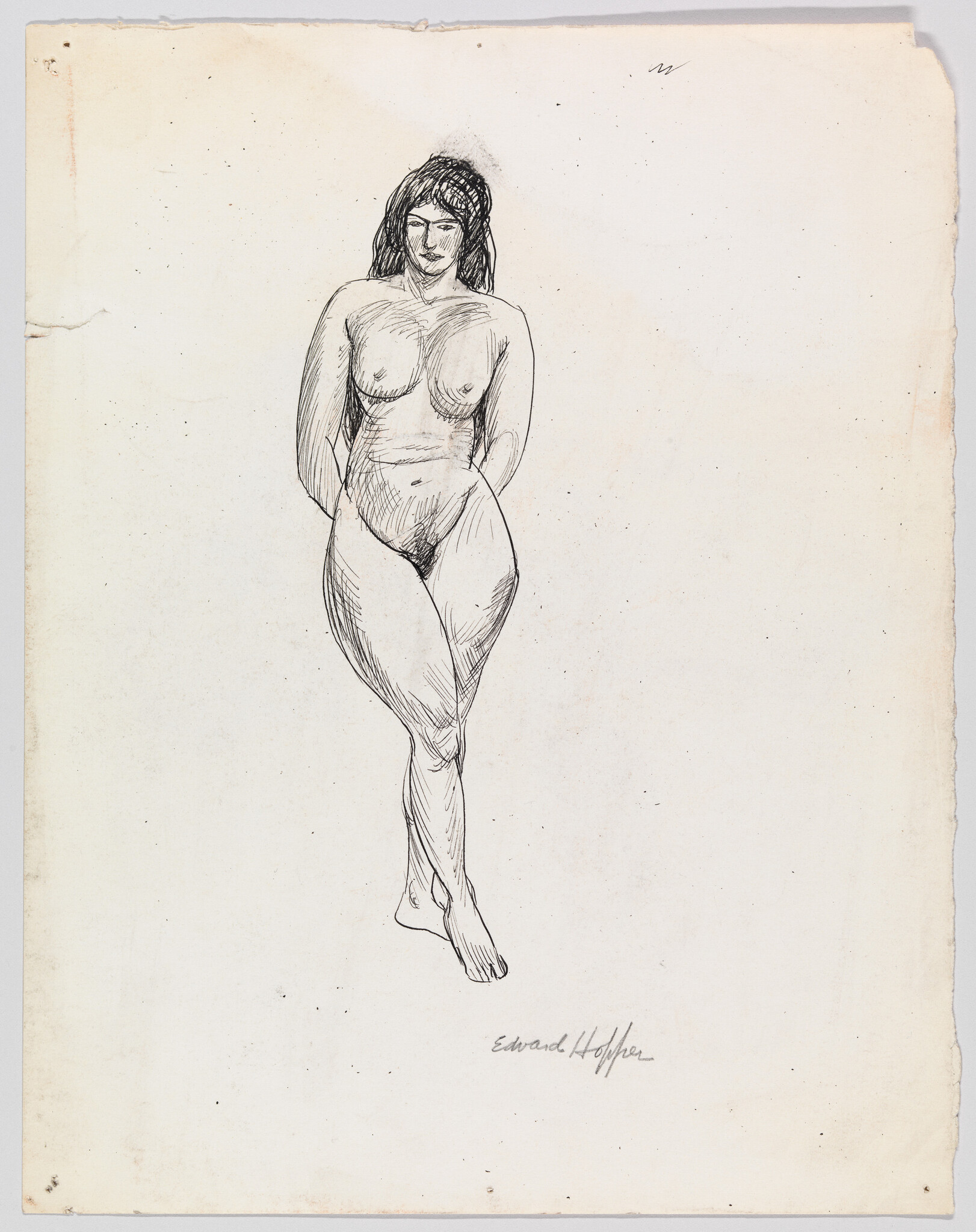 A pen sketch of a nude woman standing with hands behind her back and crossed legs.