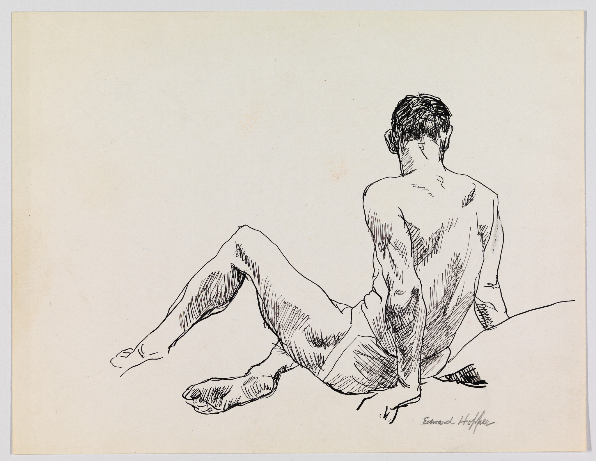 A seated nude man seen from behind leaning back on his hands with bent legs.