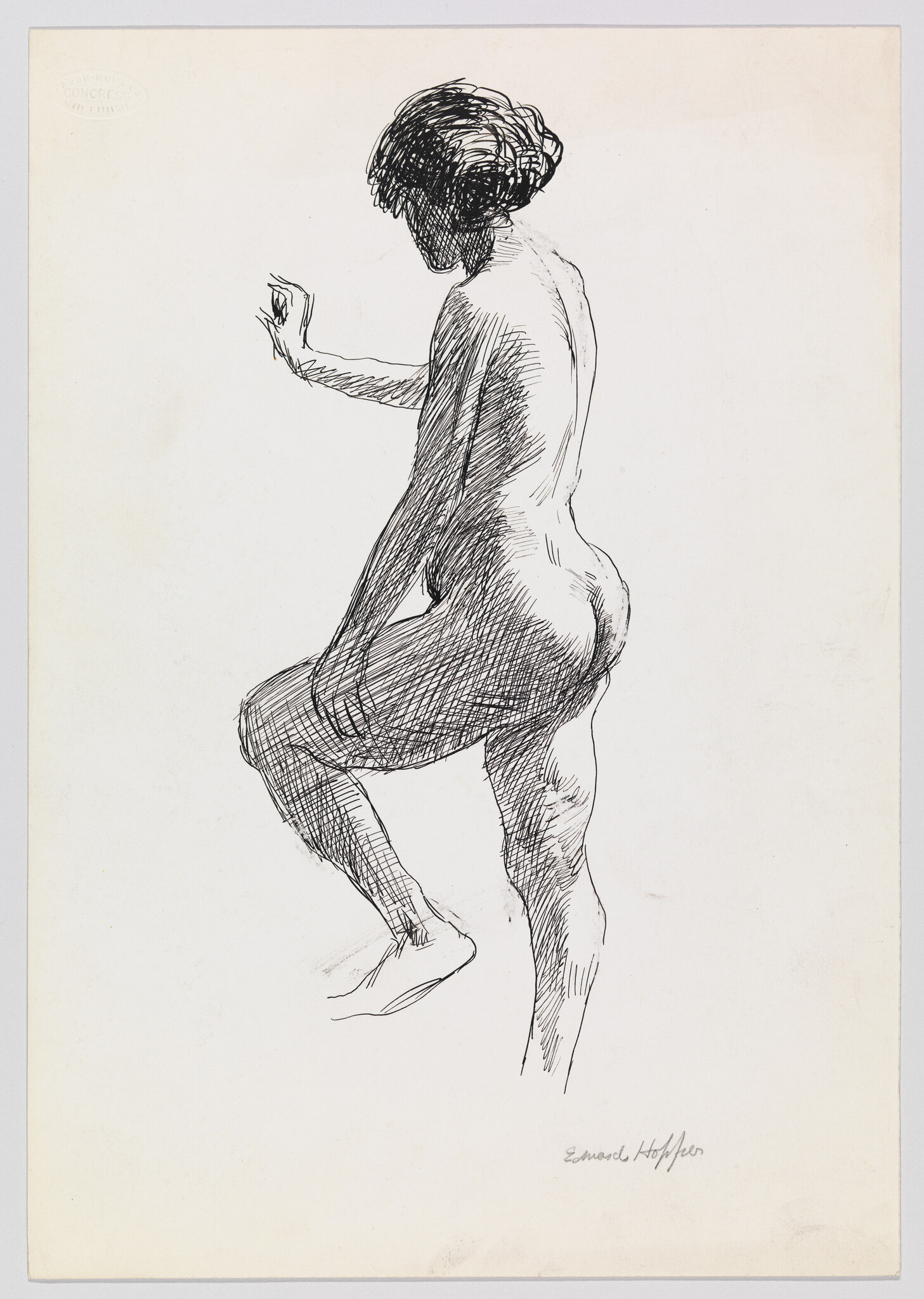 A nude woman is stepping up with her left hand slightly raised in an ink sketch.