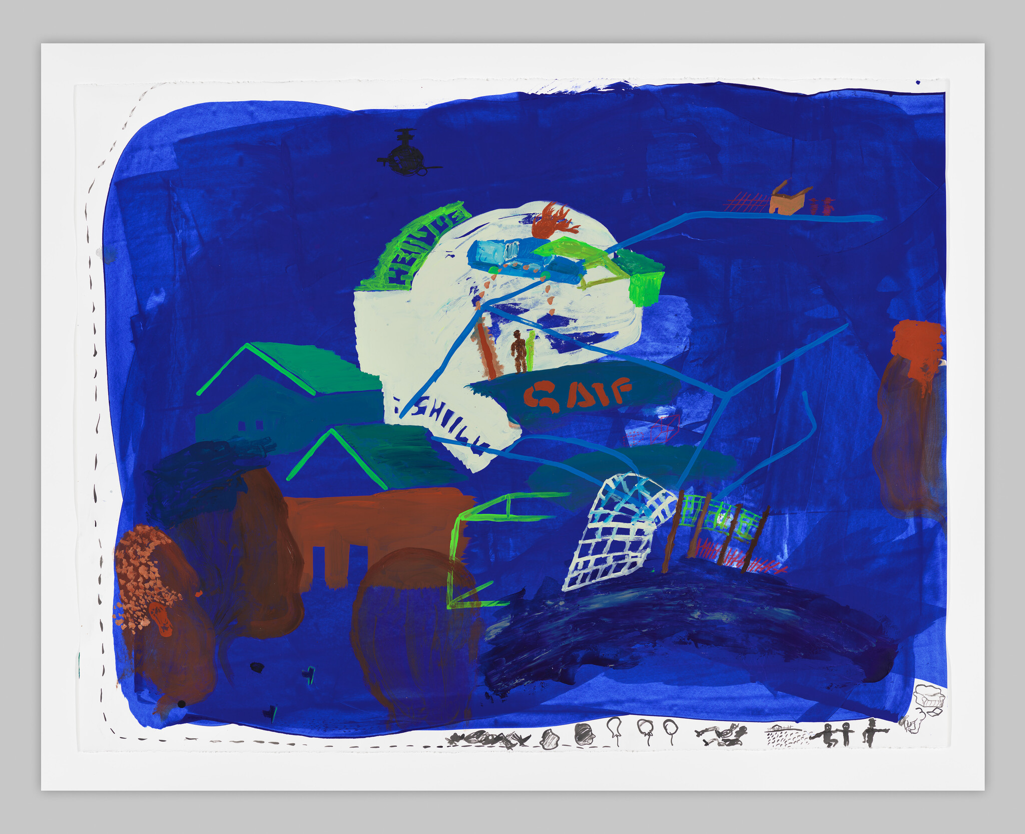Large abstract blue painting with white circular form, green roof shapes, and scattered small figures.