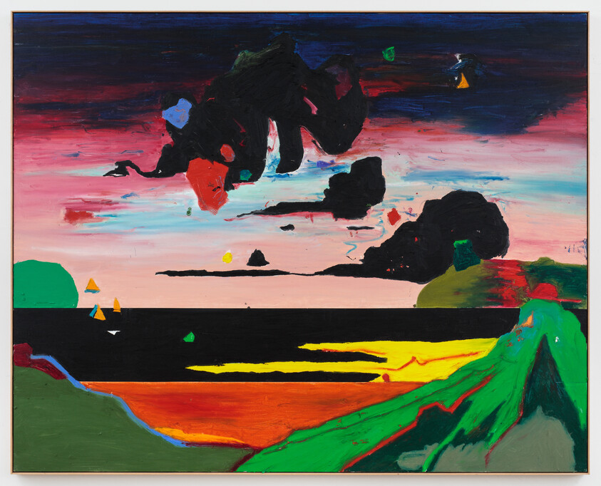 A black ocean meets a volcanic color-blocked landscape