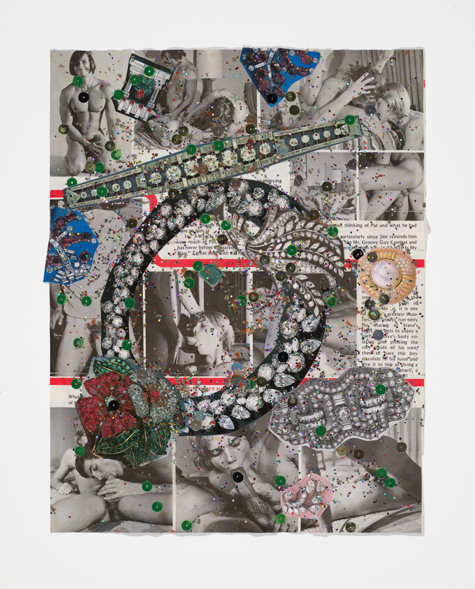 Collage of black-and-white magazine photos overlaid with sparkling jeweled brooches and scattered sequins.