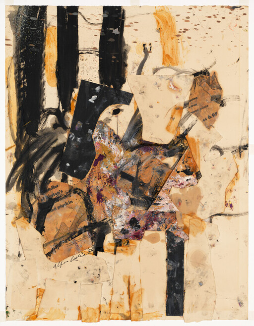 Abstract collage of torn paper with black vertical strokes and orange and purple paint textures.