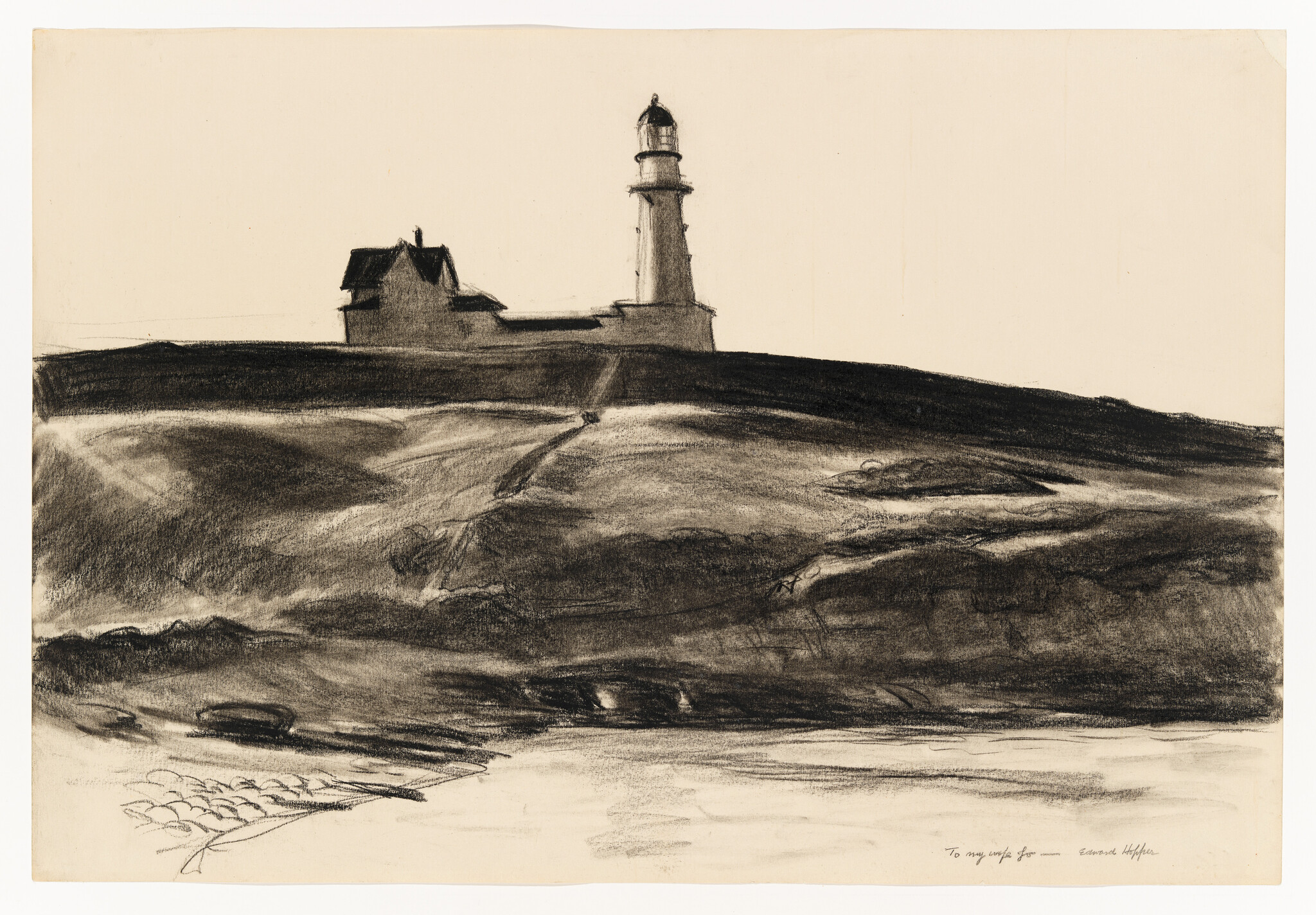 A charcoal sketch of a lighthouse and keeper's house standing on a dark, windswept hill.