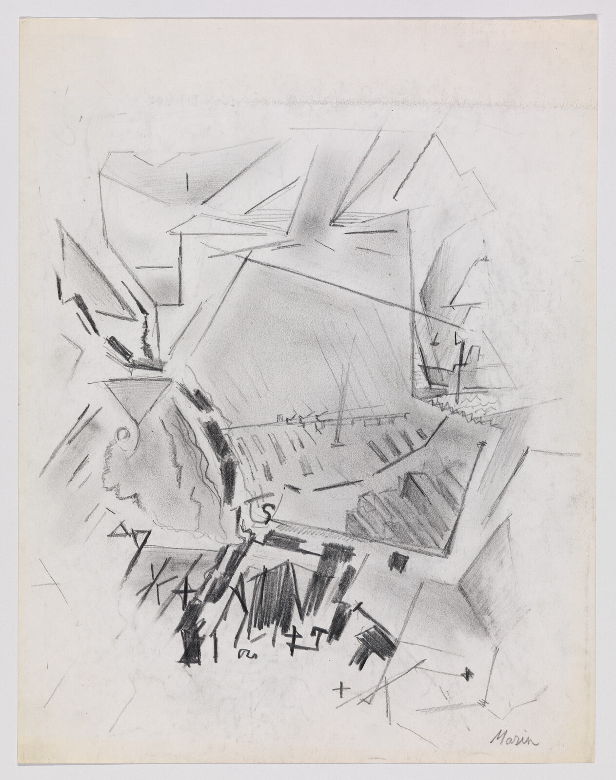 Abstract pencil sketch of angular shapes and intersecting lines suggesting a fragmented landscape.