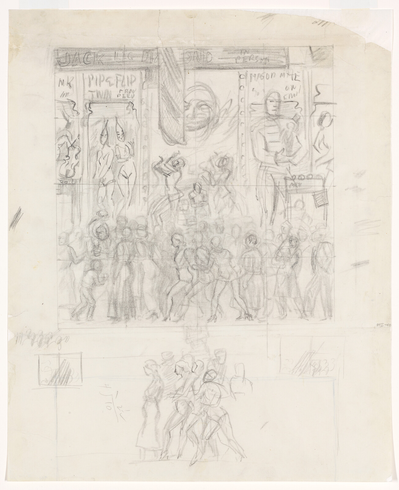 Pencil sketch showing a crowded stage with dancing figures and spectators gathered in front.