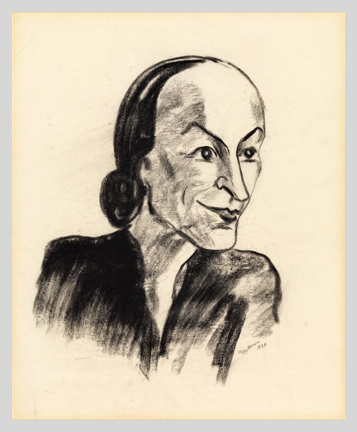 Charcoal portrait of an older woman with pulled-back hair and a subtle, knowing smile.