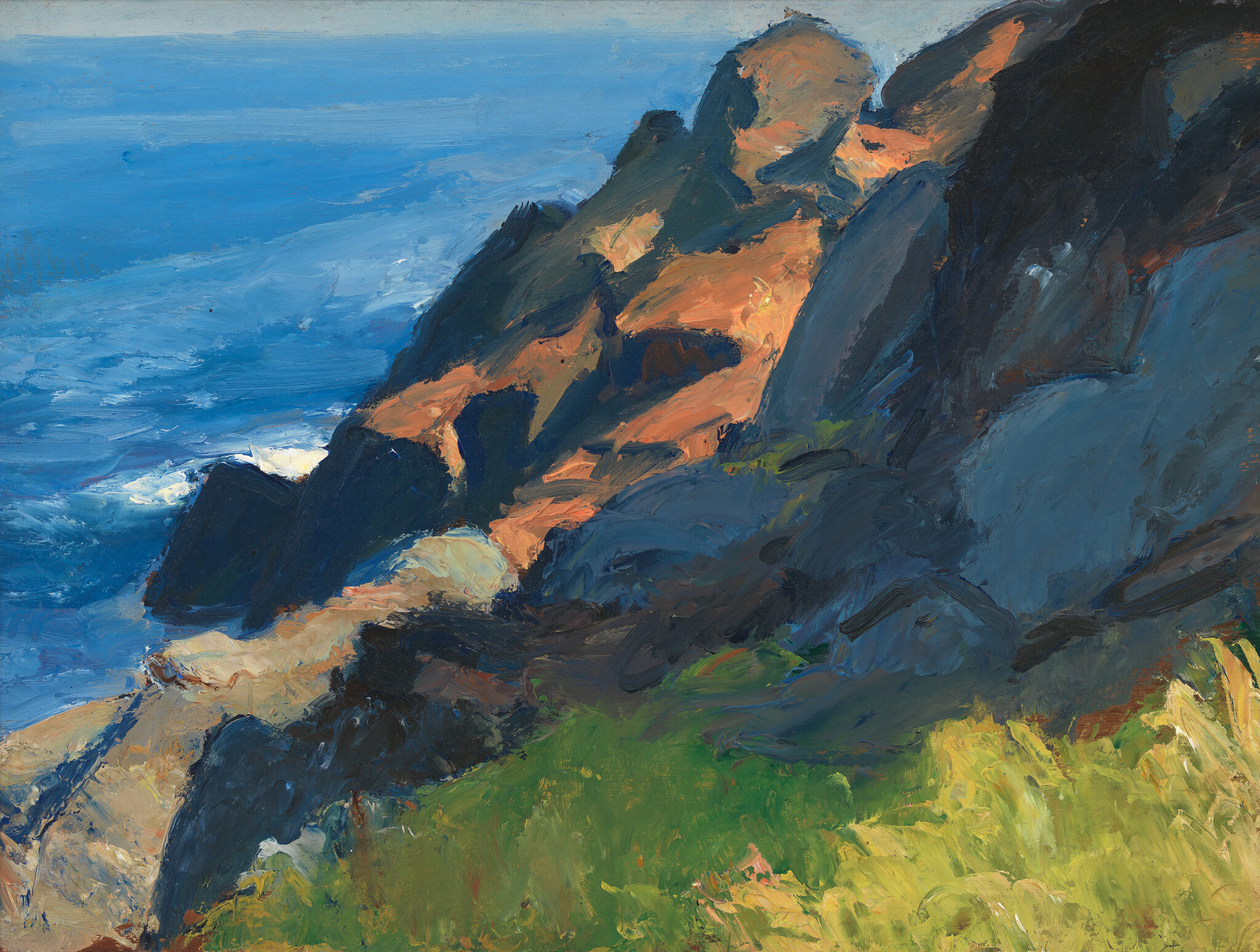 Cliffs and rocky shoreline descending into a blue ocean with green grassy foreground.