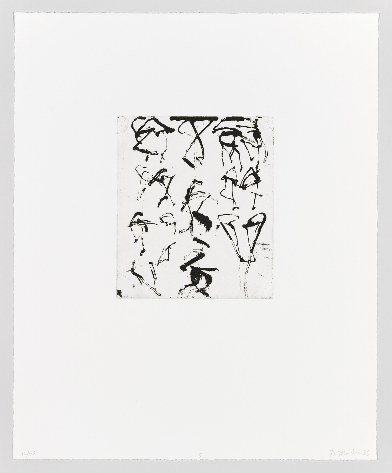 A black and white abstract print with gestural, ink-like strokes centered on a white paper. The strokes form a loosely grid-like pattern with some areas denser than others. The print is numbered in the bottom left corner and signed and dated in the bottom right corner.