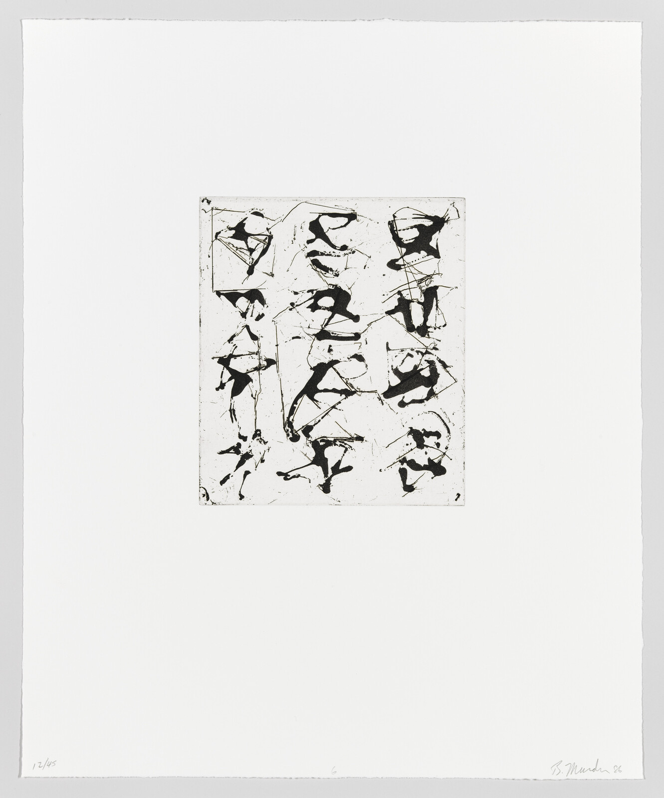 A black and white abstract print featuring a grid of gestural, bird-like shapes on a square canvas, centered on a larger white paper background. The artwork is numbered and signed by the artist in the bottom margin.