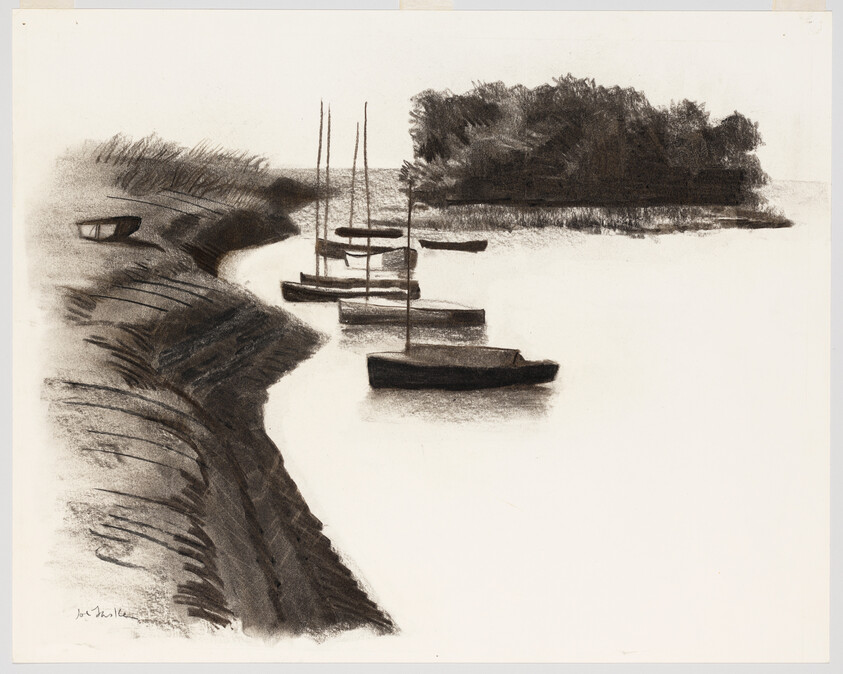 Small sailboats moored along a curved shoreline with marsh grass and trees in the distance.