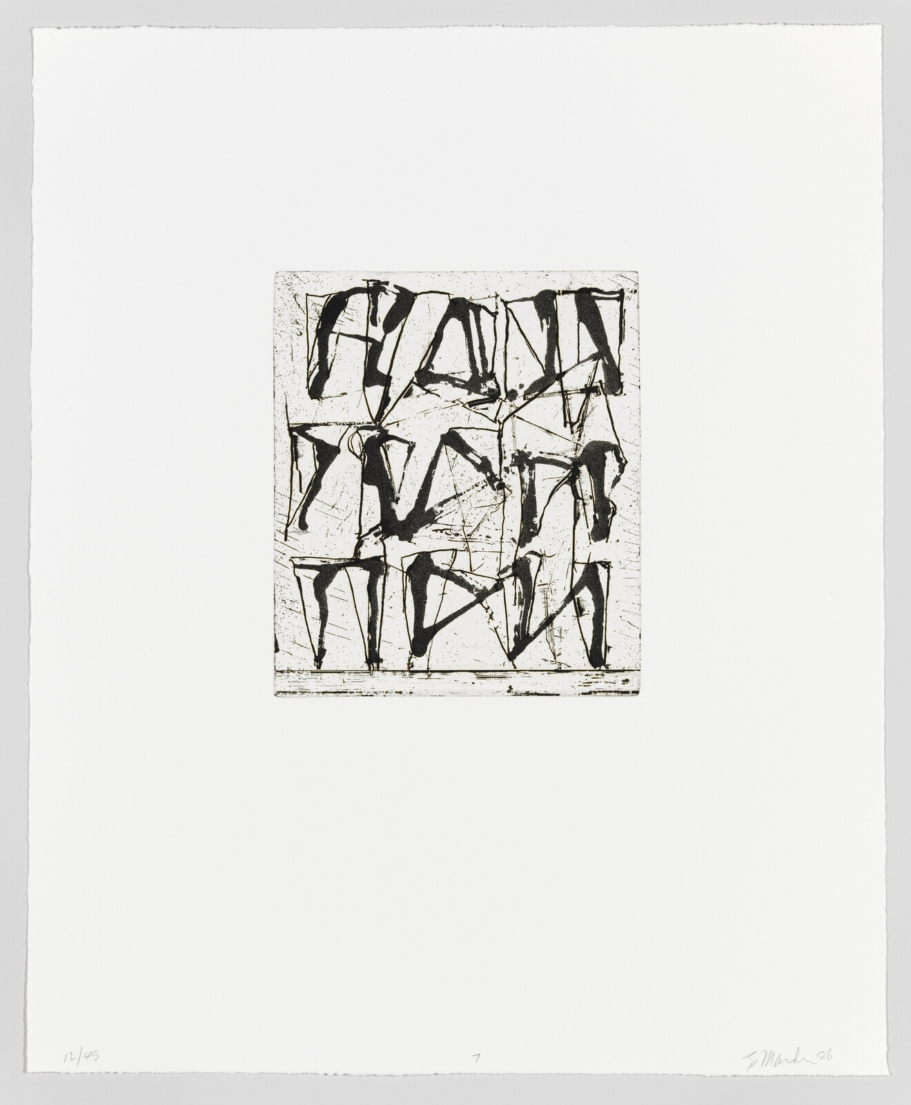 A black and white abstract print featuring a square with a pattern of irregular black lines and marks on a textured background, centered on a larger white paper canvas. The print is numbered and signed by the artist at the bottom.