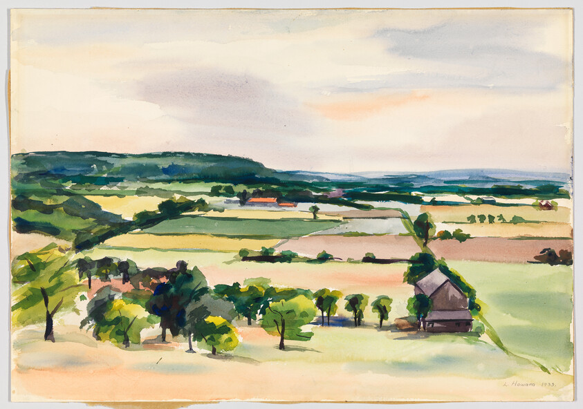 A watercolor shows rolling green fields, scattered trees, and a small farmhouse with distant low hills.