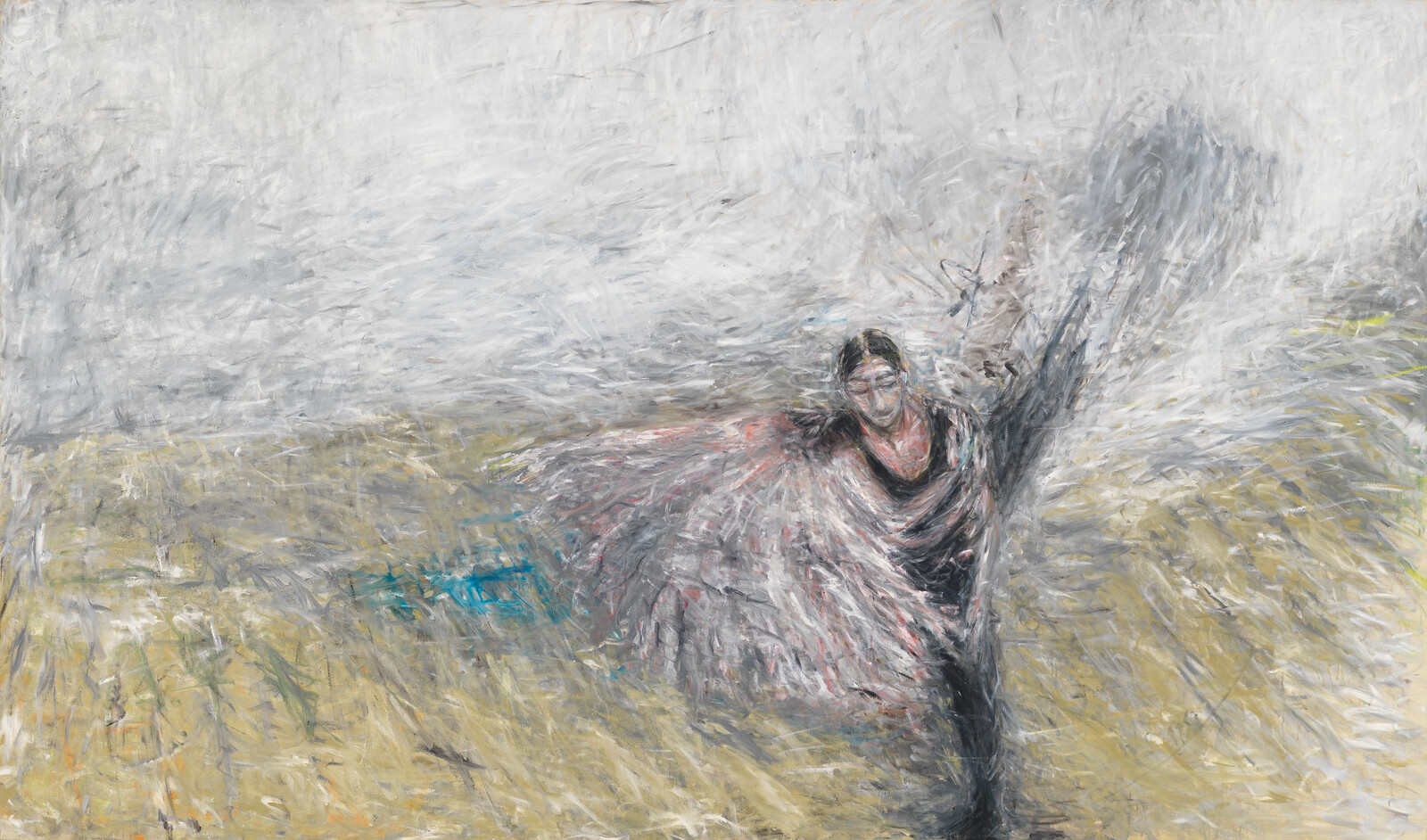 A lone figure with outstretched arms appears to dance or struggle against strong wind in a field.
