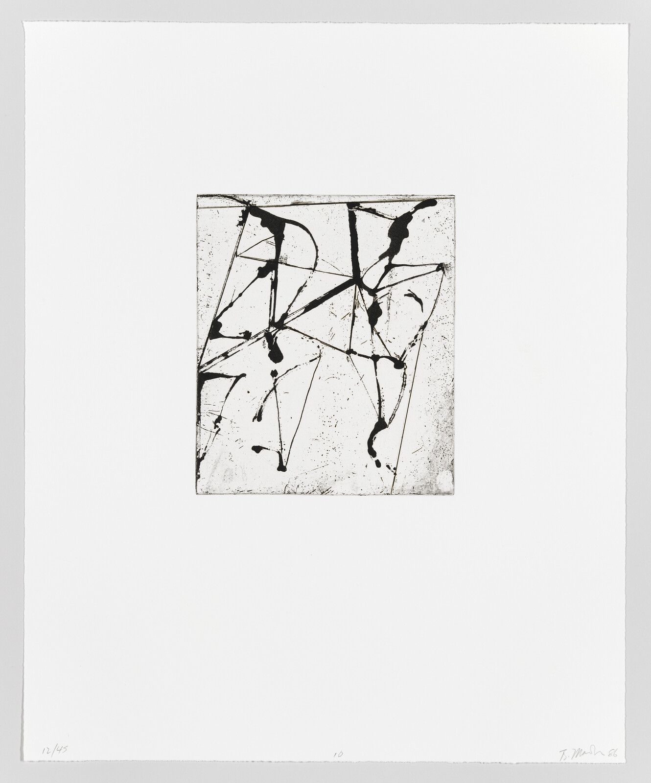 A black and white abstract etching with dynamic black lines and splatters on a white background, centered within a larger white paper canvas. The artwork is numbered and signed by the artist in the lower margin.