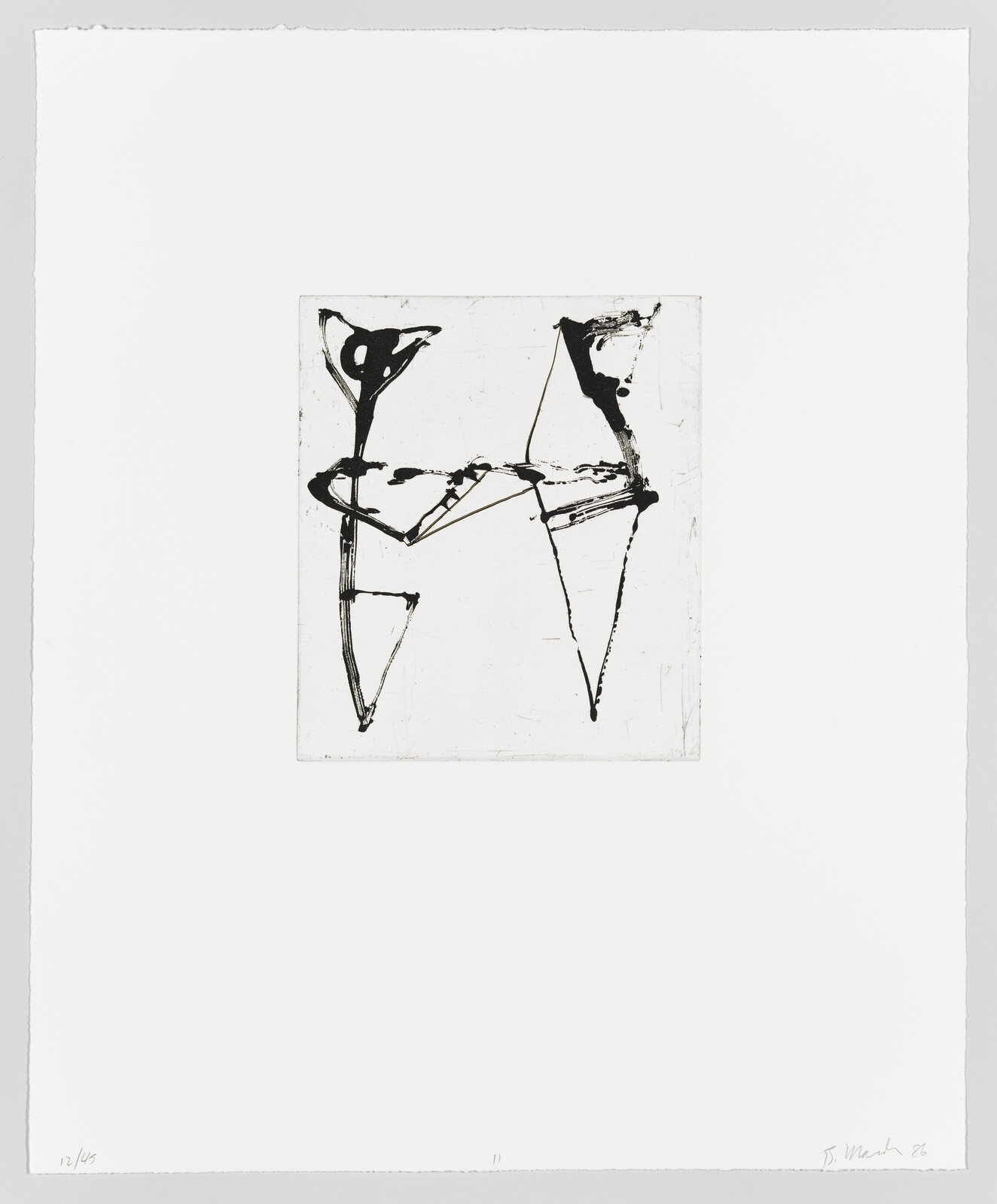 A black and white abstract etching featuring bold, gestural lines that create a loosely geometric and dynamic composition on a white background. The artwork is numbered and signed by the artist at the bottom.