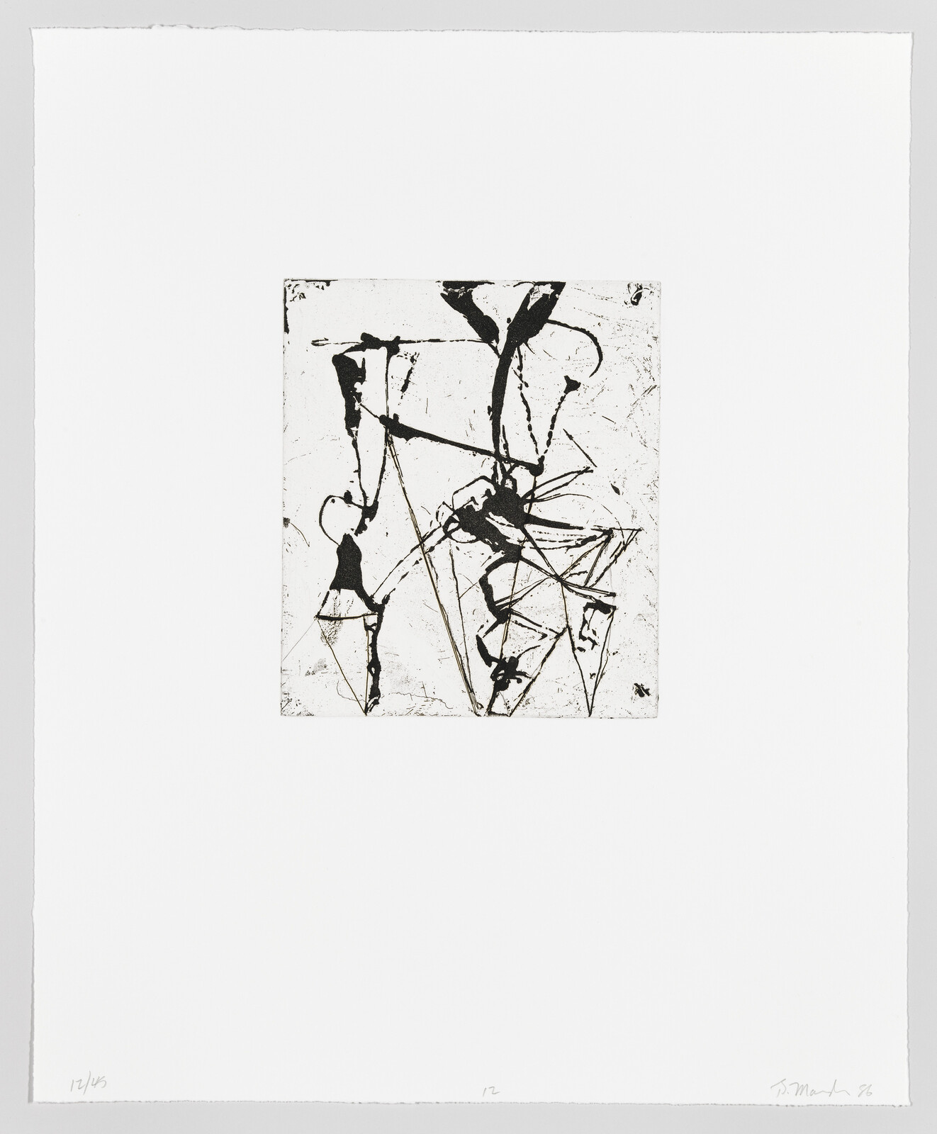 A black and white abstract etching with dynamic lines and shapes on a square piece of paper, centered within a larger white paper canvas. The artwork features gestural strokes and splatters, creating an energetic composition. The bottom left corner of the larger paper has a handwritten edition number "12/65," and the bottom right corner has a signature and the year '86.