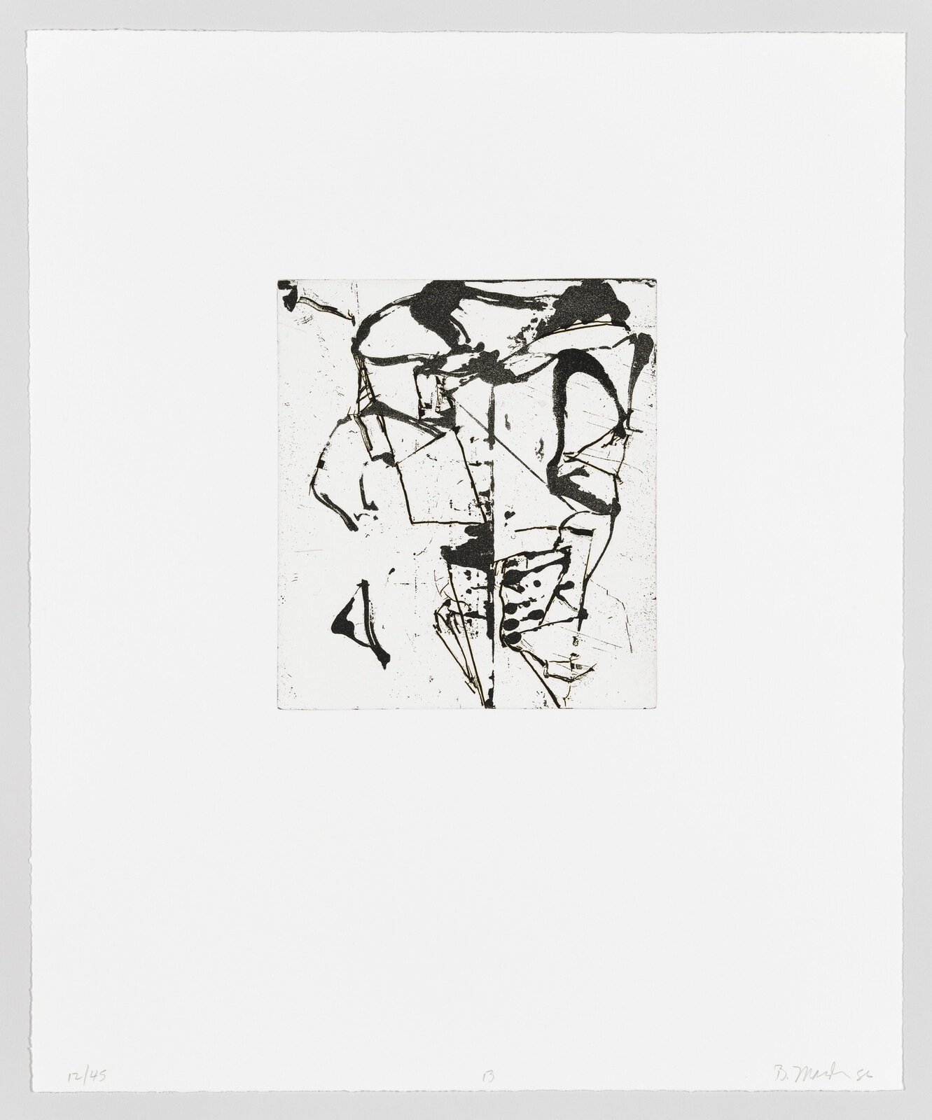 A black and white abstract etching centered on a white paper, featuring a series of dynamic, gestural lines and marks that create an expressive composition. The artwork is numbered and signed by the artist at the bottom.