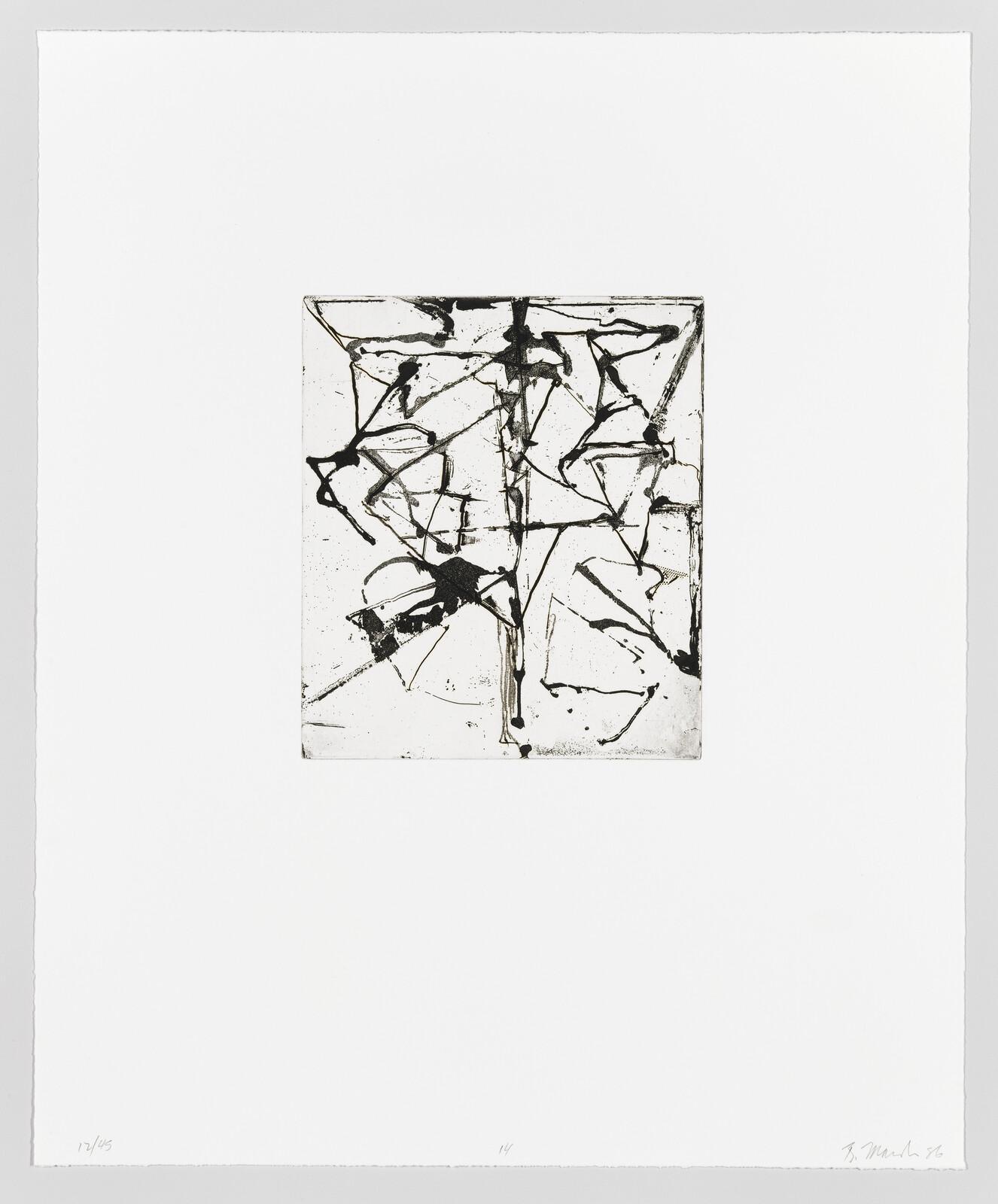A black and white abstract etching with dynamic lines and shapes centered on a square piece of paper, signed and numbered by the artist on the bottom.