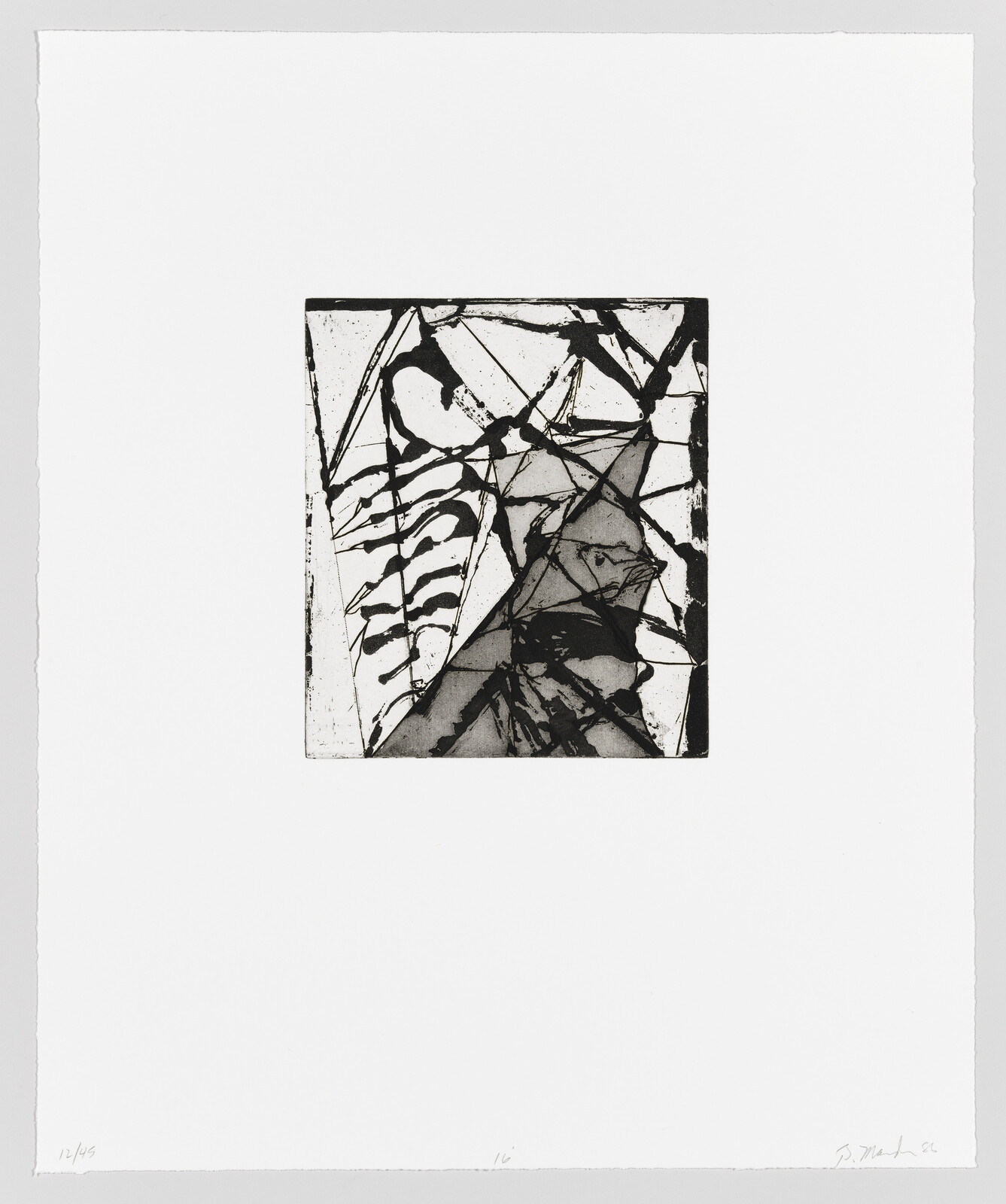 A black and white abstract print featuring a chaotic arrangement of lines and shapes, centered on a square piece of paper with wide margins. The print is numbered and signed by the artist in the bottom margin.