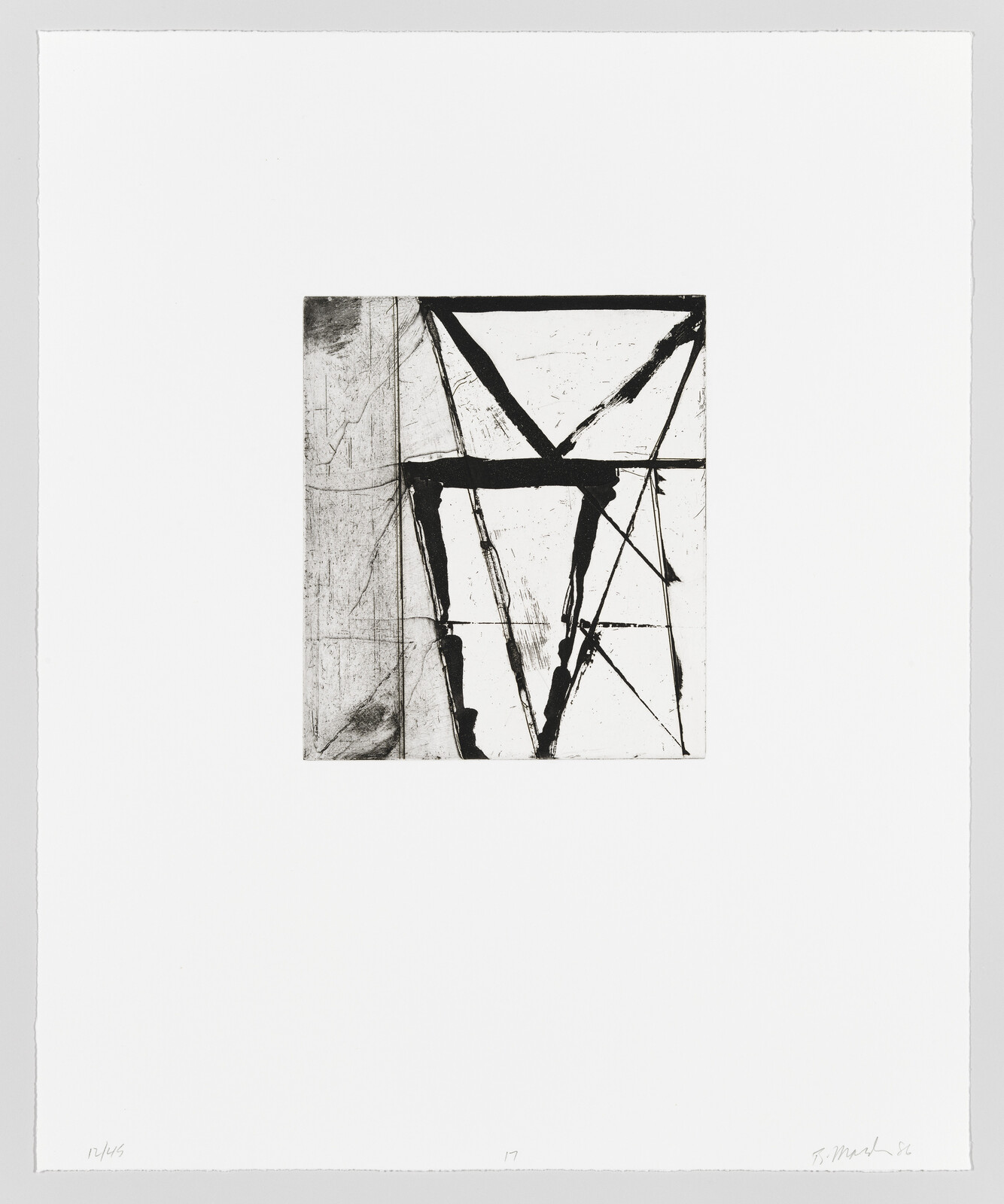 A black and white abstract etching featuring a series of intersecting lines and shapes that create a geometric composition, centered on a square piece of paper with wide margins. The artwork is numbered and signed by the artist in the lower margins.