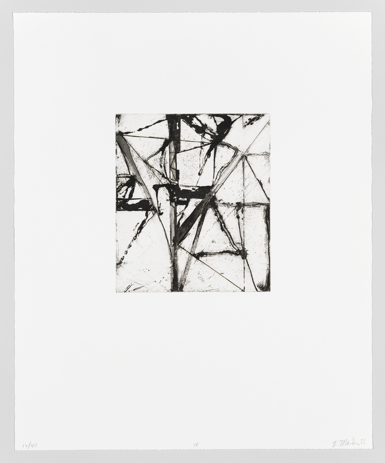 A black and white abstract etching centered on a white paper, featuring a composition of dynamic lines and geometric shapes that create a sense of movement and depth. The artwork is numbered and signed by the artist in the lower margin.
