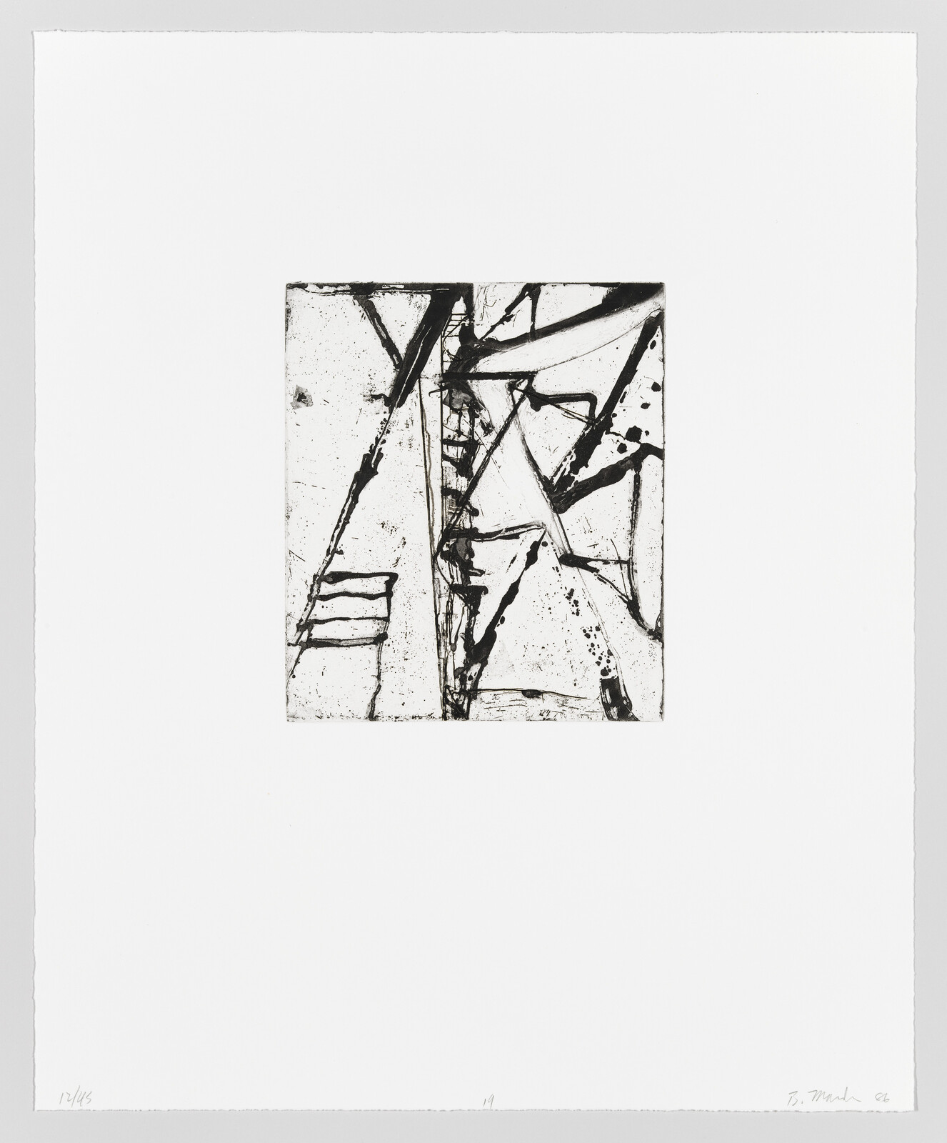 A black and white abstract etching with dynamic lines and shapes centered on a square piece of paper, signed and numbered by the artist on the bottom.