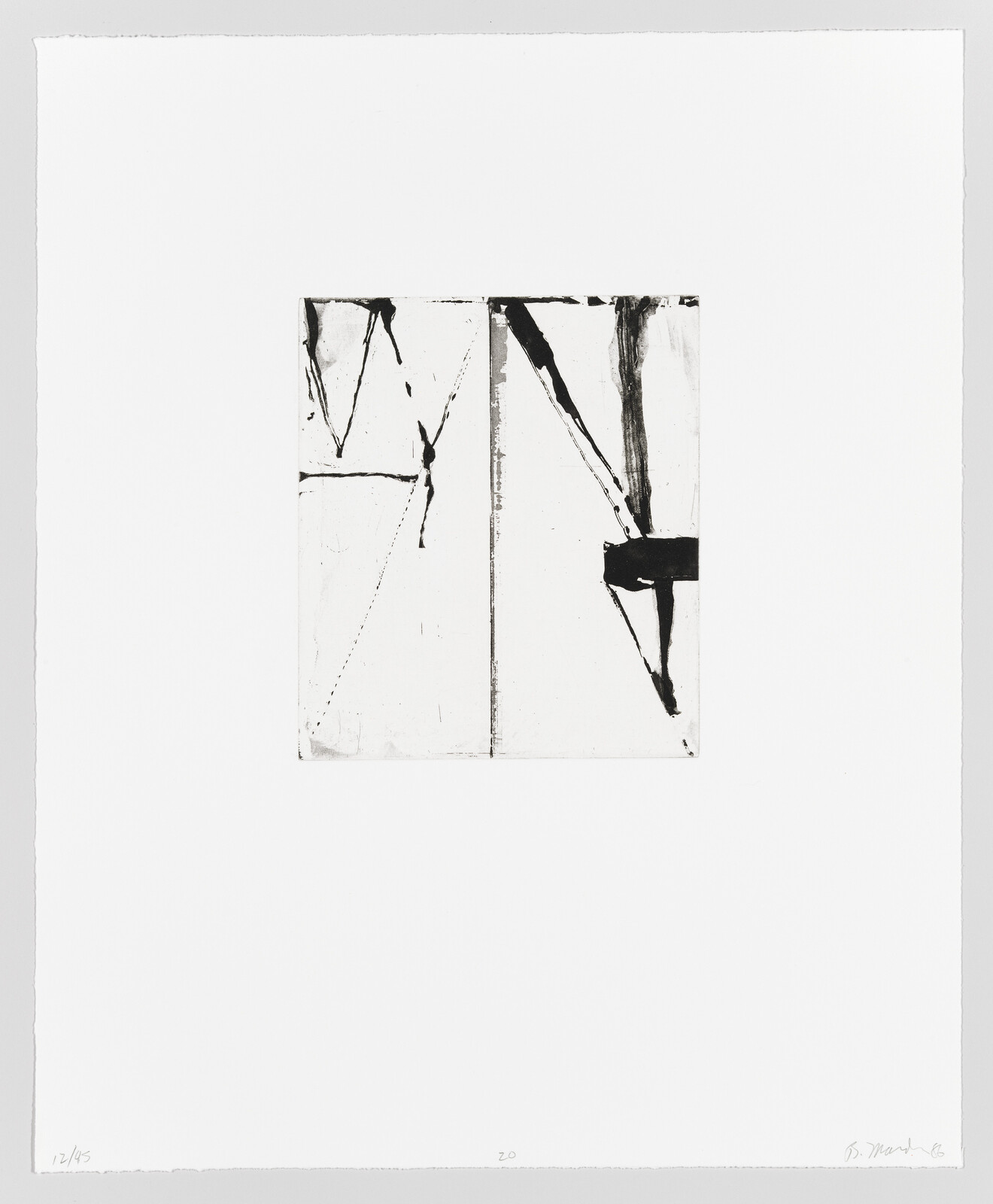 A black and white abstract print featuring bold black strokes and lines on a white background, with the artist's signature and edition number on the bottom.