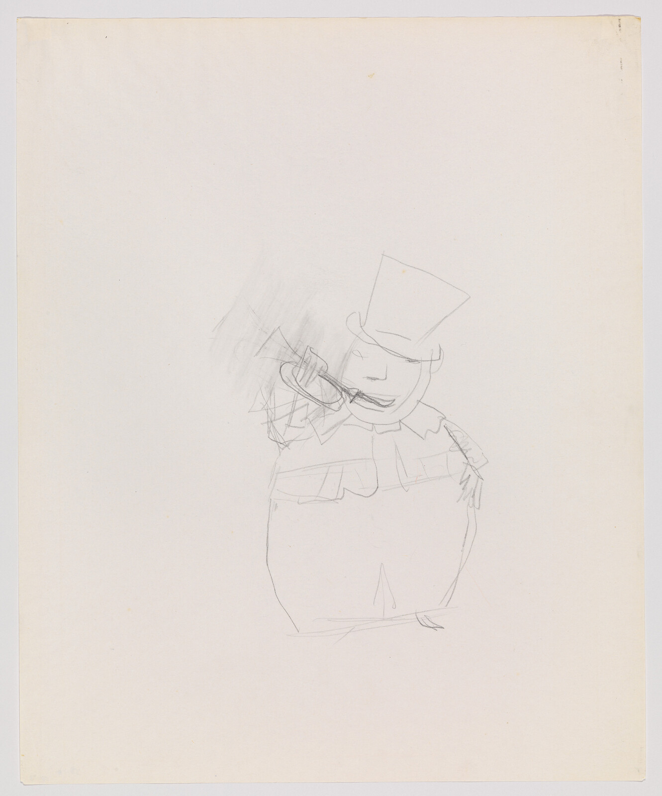 A rough pencil sketch of a rotund man wearing a top hat smoking a pipe.