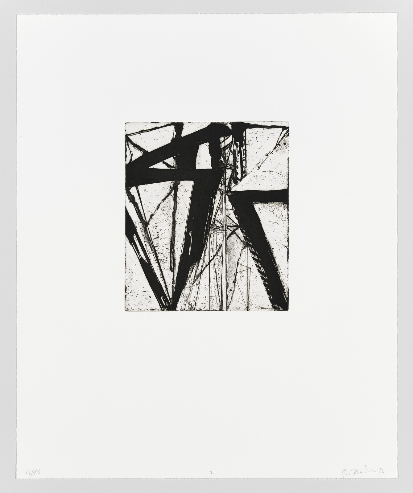 A black and white abstract print featuring a chaotic arrangement of dark lines and shapes against a lighter background, centered on a white paper with artist's signature and edition number on the bottom.