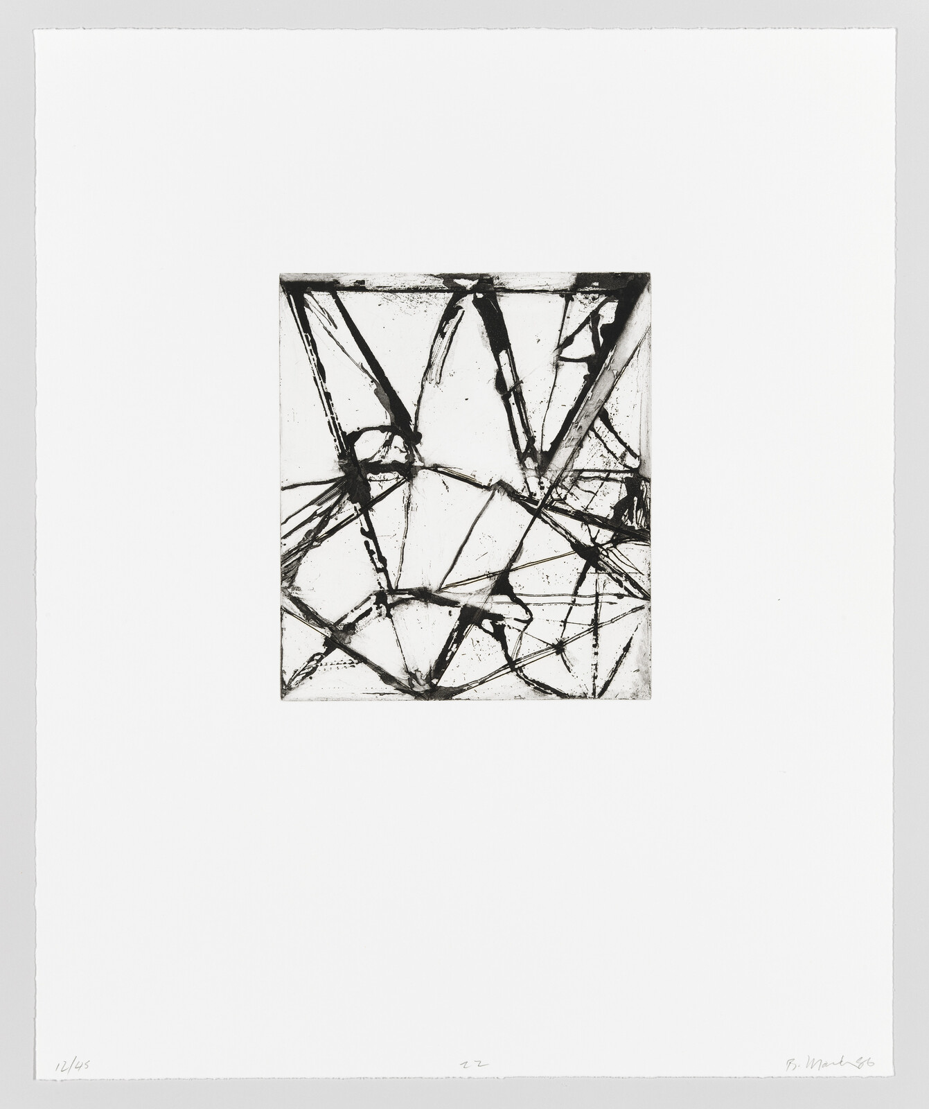 A black and white abstract etching featuring a dense network of intersecting lines and marks within a square border, centered on a white background. The artwork is numbered and signed by the artist at the bottom.