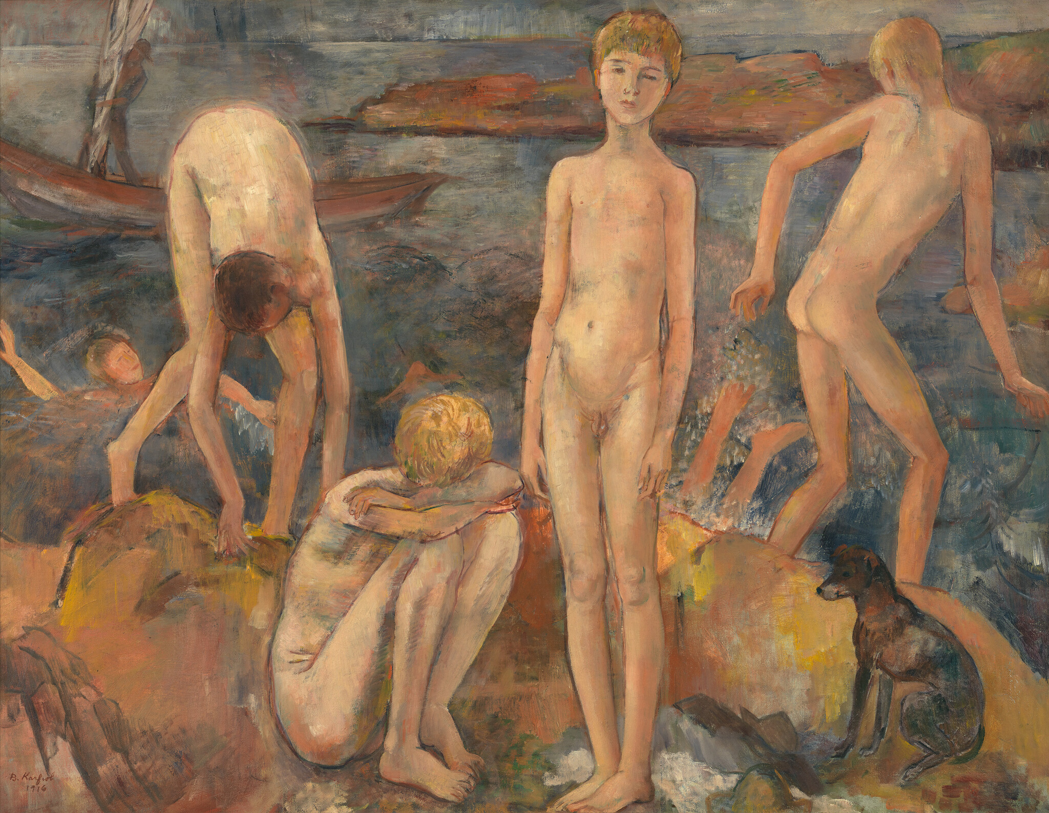 Several boys bathe and stand on a rocky shore near water while a dog watches.