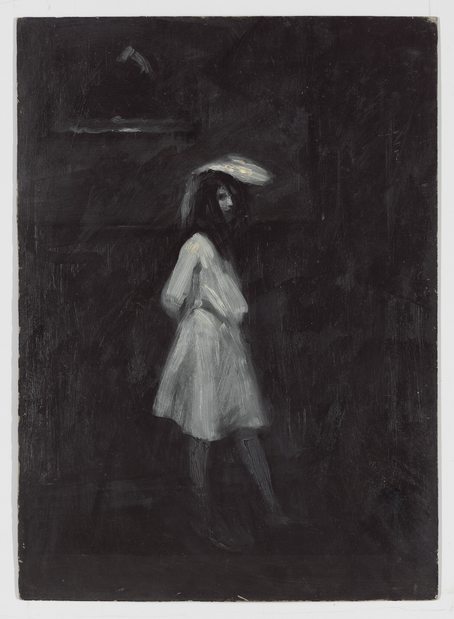 A girl in a light dress and hat stands in a dark, shadowy background looking over her shoulder.