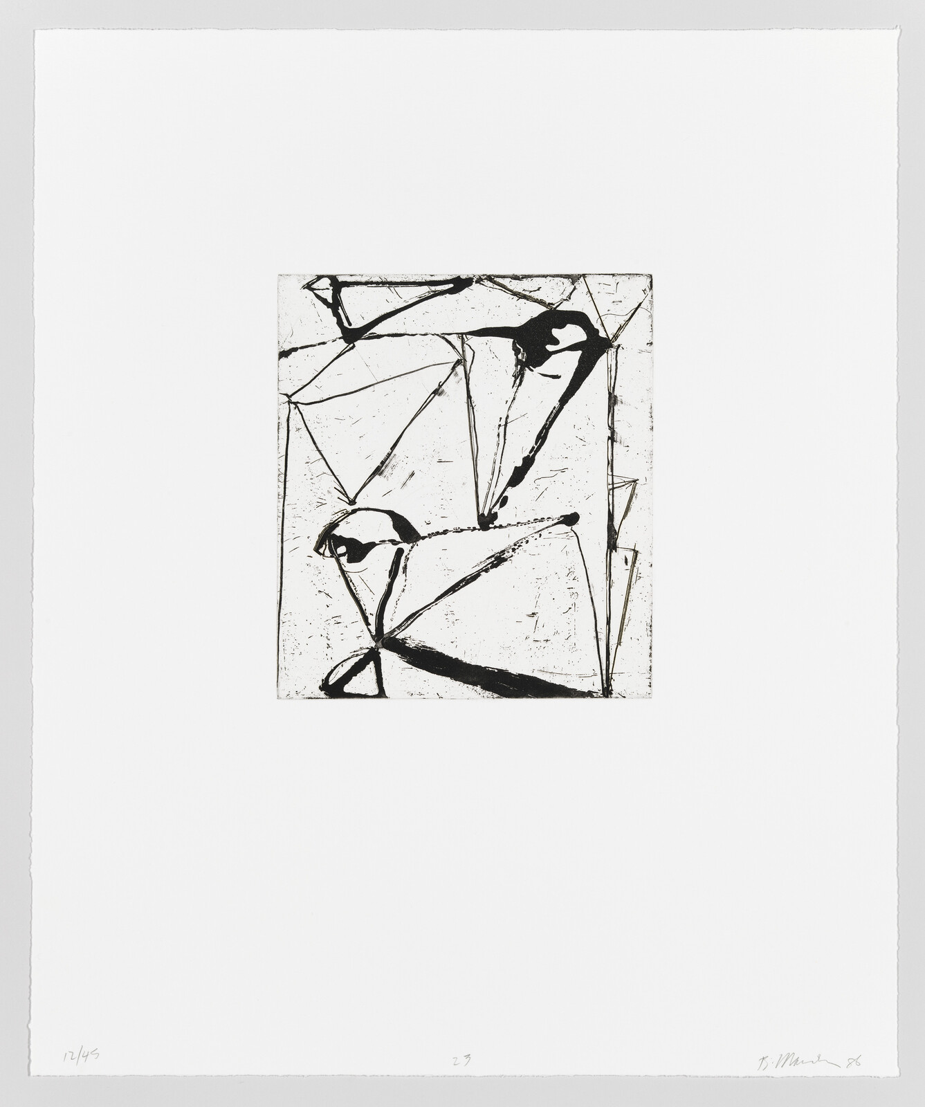 A black and white abstract print featuring geometric and fragmented shapes that could suggest figures or objects, with a rough, expressive texture. The artwork is centered on a white background with a signature and edition number on the bottom.