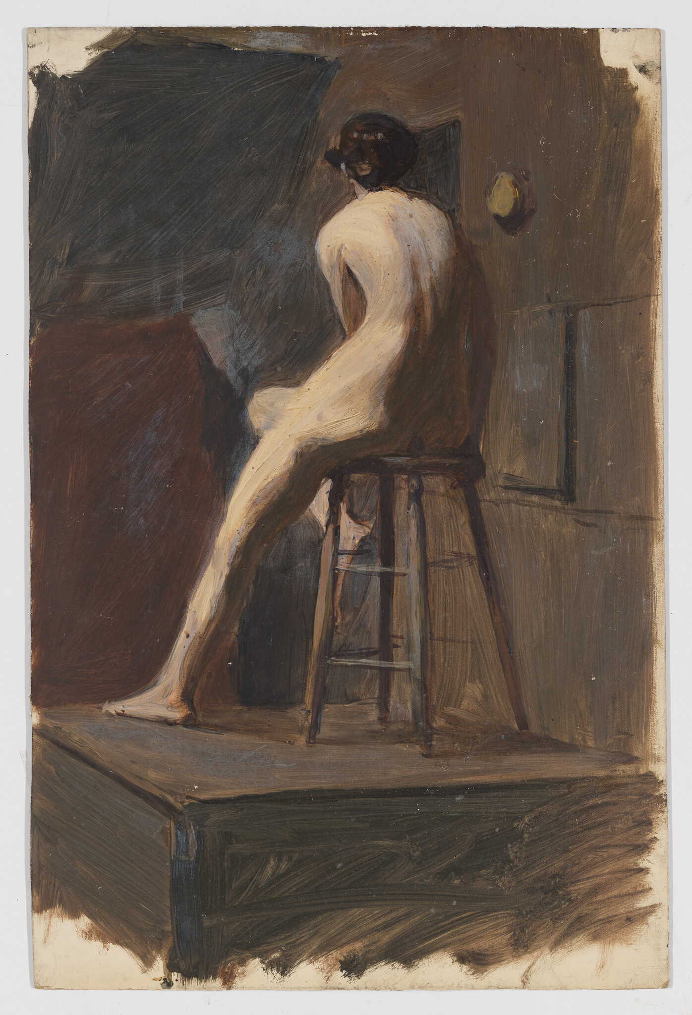 A nude person sits on a wooden stool, turned away and looking over their shoulder.