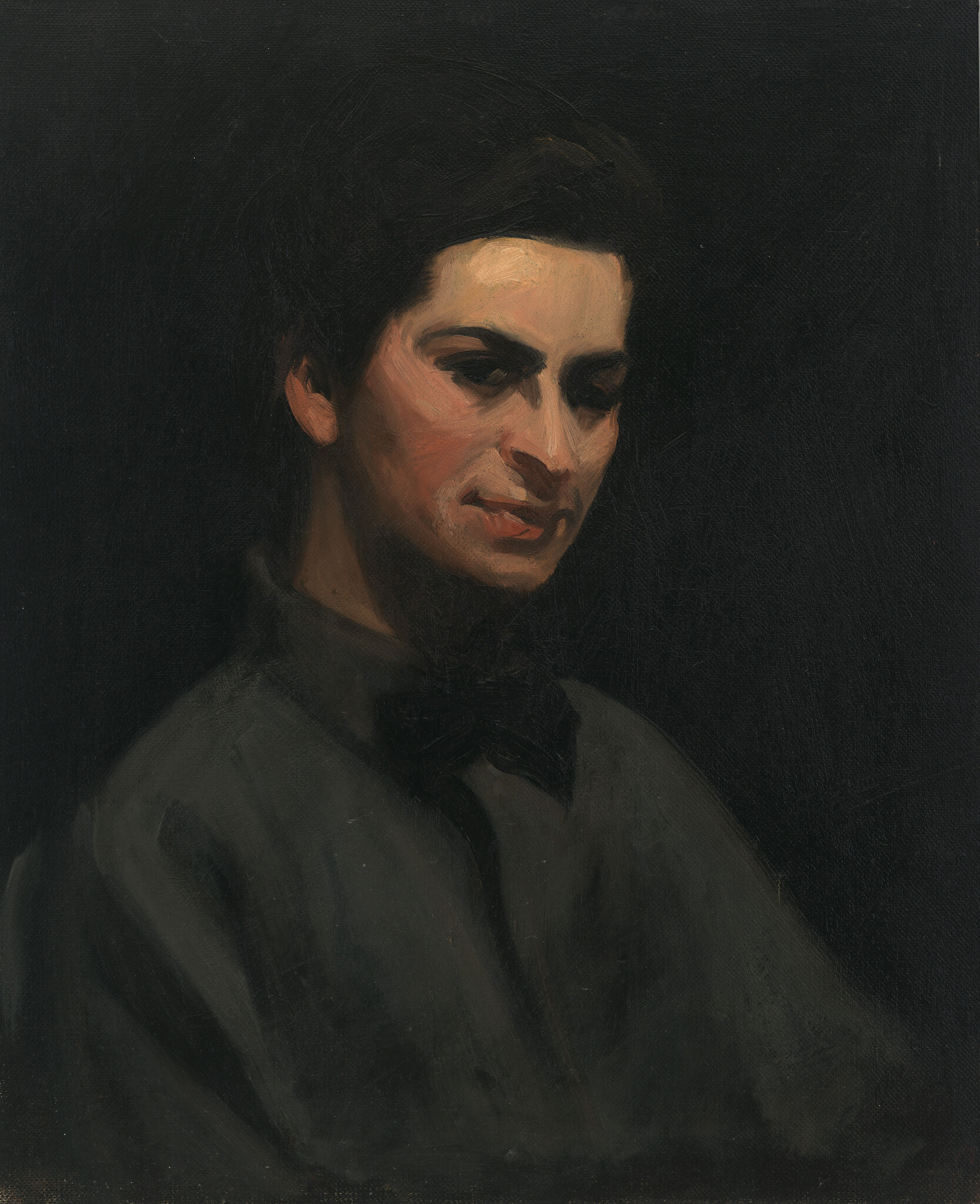 Against a black background, a white woman in a black cloak smiles slyly