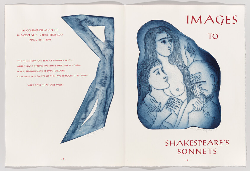 Two-page book spread showing blue, intertwined figures and the title "Images to Shakespeare's Sonnets."