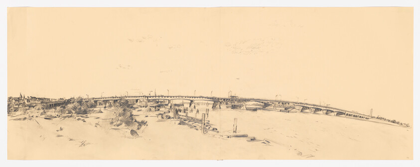 A wide pencil sketch showing a long bridge spanning a river with shoreline and scattered docks.