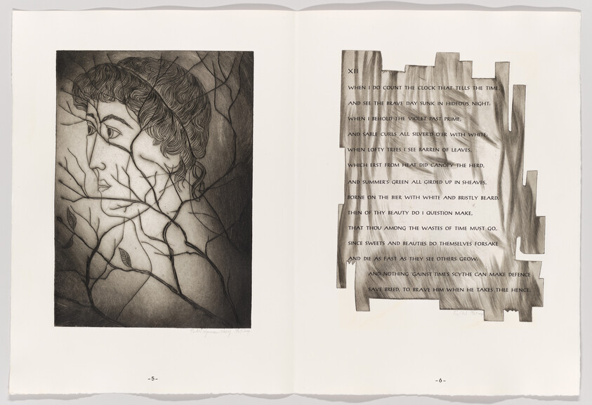 Two-page spread showing a portrait entwined with tree branches opposite a poem printed on a torn-edge page.
