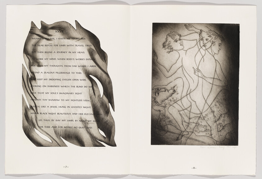 Left page shows poem within flame-like shape; right page depicts three intertwined dancing figures and a dog.