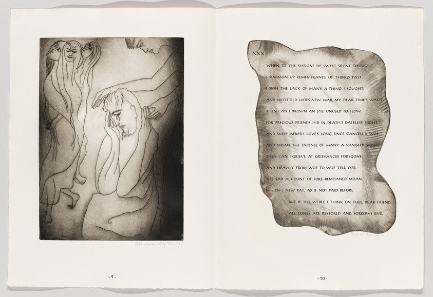 Person clutching his head while ghostly figures surround him beside a page of poem text.