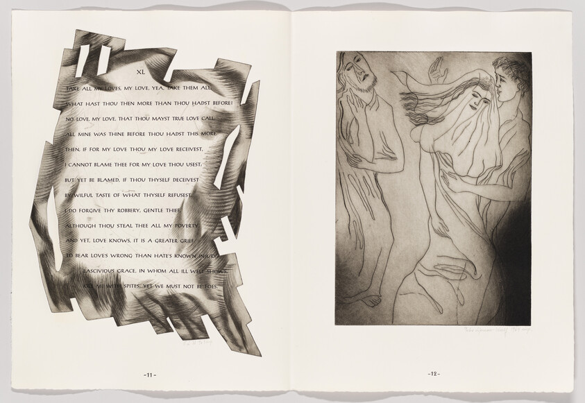 Open book showing a page of decorative text opposite an etching of three entwined figures, one veiled woman.
