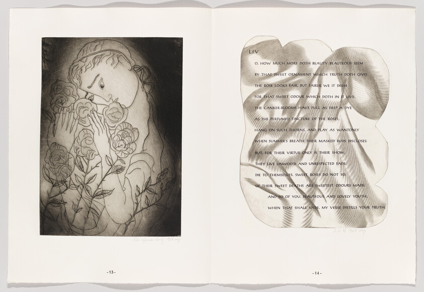 A two-page book spread with an etched woman holding roses on the left and a poem on the right.