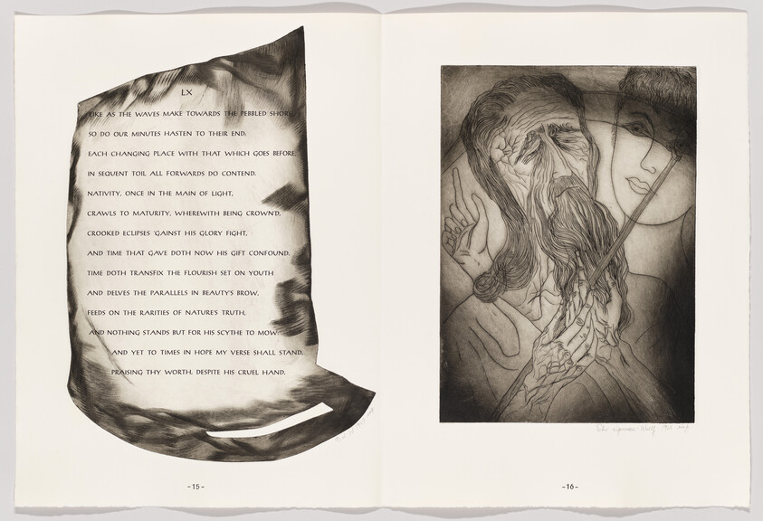 An open book showing a poem page opposite an etching of an aged bearded man and a youthful face.