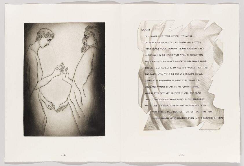 Two figures facing each other and nearly touching hands beside a page of printed poem.